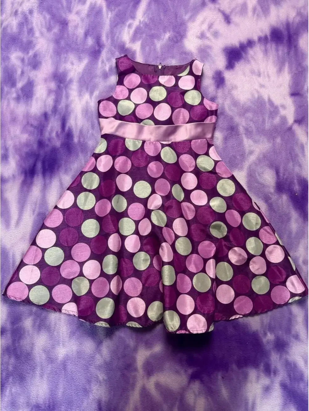 Ashley Ann purple and grey polka dot dress with a bow in the back
